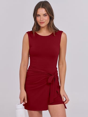 Image of Caracilia Women Summer Sleeveless Bodycon Tie Cinched Waist Romper Skort Mini Dress Built in Shorts Night Out Vacation Dress