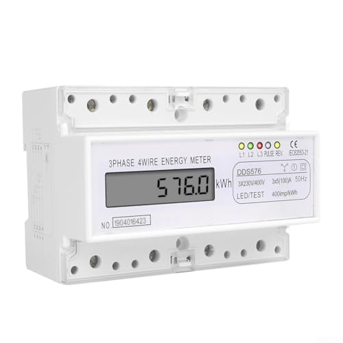 PureBowlic Medidor potente digital trifásico de 4 cables, monitor de electricidad KWh de capacidad de sobrecarga 12X con pantalla LCD, contador de energía de riel DIN ABS de metal para uso comercial