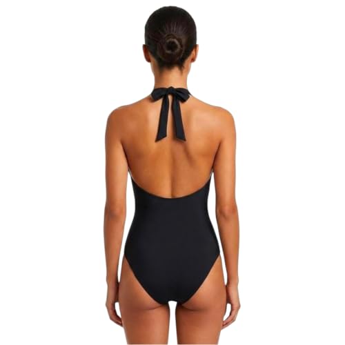 Image of Women's Solid Black Halter Neck One Piece Swimsuit | Backless Monokini | Stretchable Swimwear for Women