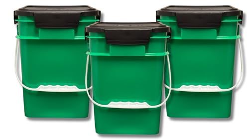Image of House Naturals 4 Gallon Square Food Grade Bucket Pail with Plastic Handles and Lid (Pack of 3) Made in USA containers (Green)