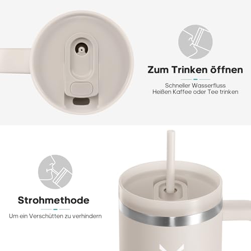 Image of Drinking Bottle with Straw, 1.2 L Thermal Mug with Handle, Leak-Proof | Double wall vacuum insulation, splash proof lid, non-slip silicone base, fits car cup holders