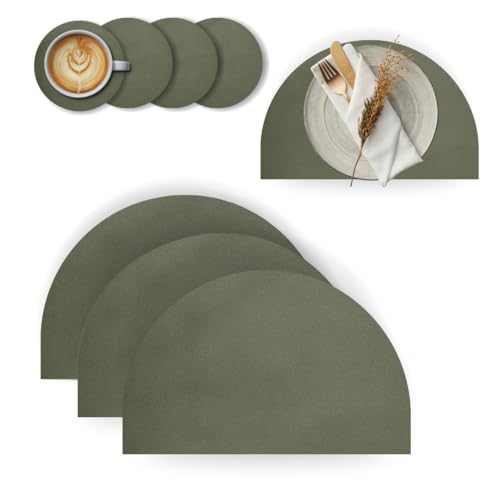Juego de 4 Manteles Individuales Redondos Semicirculares Verde + 4 Posavasos de Cuero Sintético PU, Lavables, Antideslizantes, Resistentes al Calor, Diseño Moderno para Mesa de Cocina o Comedor