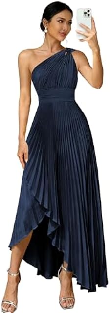 AKMESXAY Modest Asymmetrical Pleated Satin Bridesmaid Dresses Long A Line Ruched Navy Blue Satin Semi Formal Evening Dresses for Wedding 20
