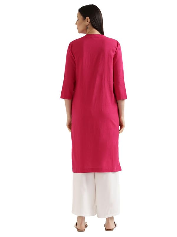 Image of SAADAA Women's Linen Blend Long Kurta with Viscose Palazzo Set | Straight Fit Kurta with Wide Leg Palazzo | Solid Ethnic Co-ord Set for Office & Casual Wear