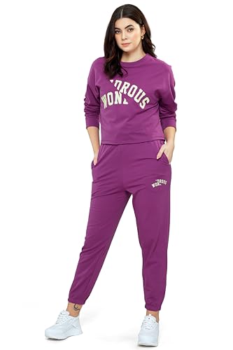 Image of ZEYO Women Cotton Track Suit Typography Printed Crop Top Co-ords Set