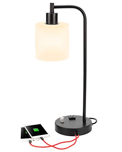 EVISTR Industrial Table Lamp for Living Room Bedroom - Fully Dimmable Bedside Lamp with AC Outlet and Dual USB Charging Port Glass Shade Desk Lamp LED Bulb Included