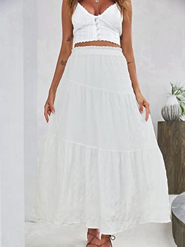 ELDINA Women's Summe Casual Maxi Long Skirt High Waist Lettuce Trim Ruffle Hem Skirt (Color : White, Size : Small)