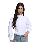 SUNNOW Women's White Button Down Shirt Ruffle Stand Collar Long Sleeve Blouse Business Casual Top