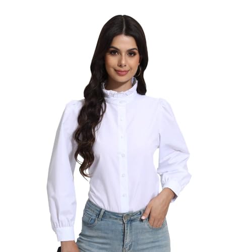 SUNNOW Women's White Button Down Shirt Ruffle Stand Collar Long Sleeve Blouse Business Casual Top