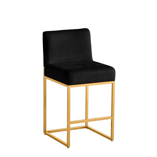 Butaco moderno de 26 pulgadas, asiento de terciopelo negro y estructura metálica dorada, capacidad de 480 lb, con reposapiés y respaldo, para islas de cocina y bares miniatura 1