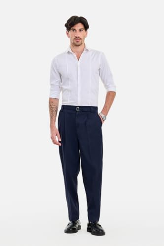 Image of SNITCH Men Trousers Formal Wear | Relaxed Fit Straight Leg Pleated Front & Turned-up Hem Design | Polyester Blend Medium-Stretch Fabric for Office Meetings & Daily Professional Use