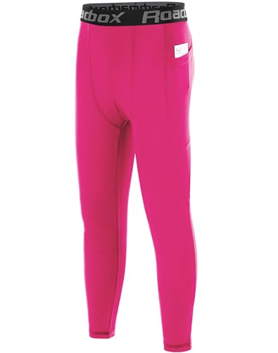 Roadbox Boys Compression Pants Youth Athletic Sports Legging with Pocket Base Layer Tights for Kids Running Football Rose Pink
