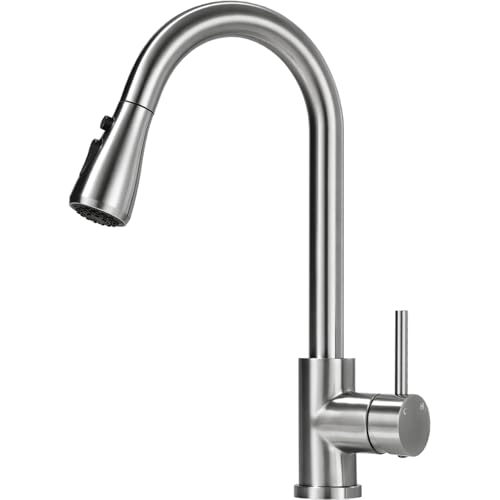 Kitchen Faucet with Pull Down Sprayer, VFAUOSIT Lead-Free Kitchen Sink Faucet Brushed Nickel Stainless Steel High Arc Pull Out Single Hole Kitchen Faucets for Pot Filler, Farmhouse RV Bar Laundry Room