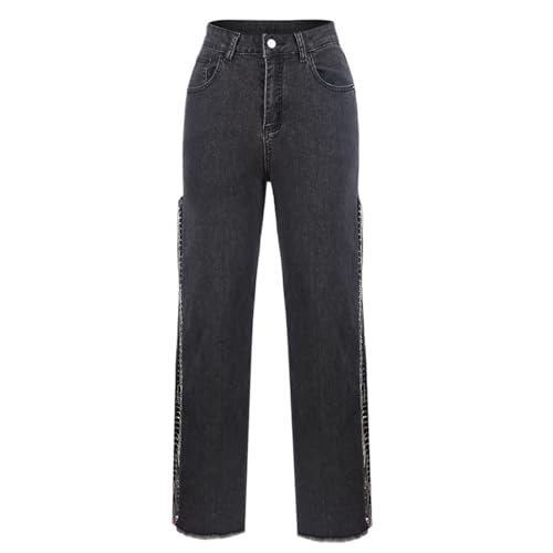 Women High Waisted Jeans Straight Wide Leg Pants with Rhinestone Fringe Trim Split On The Side2