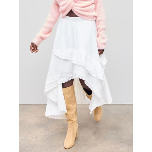 Irregular Skirt Lace Trim Asymmetrical Ruffle Patchwork Elastic Waist Summer Casual Streetwear Skirt3