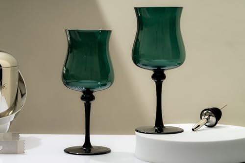 Image of CAR-O-BAR Ebony Wine Glass | Handcrafted Premium Glasses | Set of 2 | 240ml Crystal Thick Cut Heavy Base Crystal Glass | Perfect for Red and White Wine (Green with Black Stem)