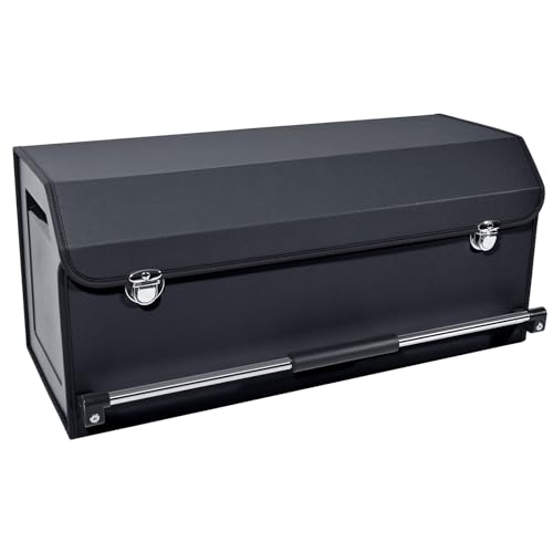 XCF Car Organizer Trunk, Durable Collapsible Leather Trunk Organizer with Lid and Sturdy Handle, Auto Cargo Storage Compartments, SUV/Car Accessories for Men/Women (11.4 x 27 x 12.2, Black)