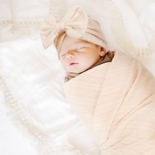Image of AQOKKA Baby Swaddle Blankets with Bow Hat Mittens Set Wheat-Pattern Infant Receiving Blankets Swaddles for Newborns Unisex Toddler Swaddle Wrap Sets for Baby Girls Boys Nursery Warm Shower Gift