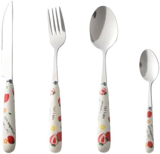 Flatware Silverware Set, 4/16/24/32/40/48pcs Cartoon Cute Spoons Creative Ceramic Handle Knife Fork Spoon Household Stainless Steel Tableware Strawberry, Tableware Cutlery Set(16 Piece set fo