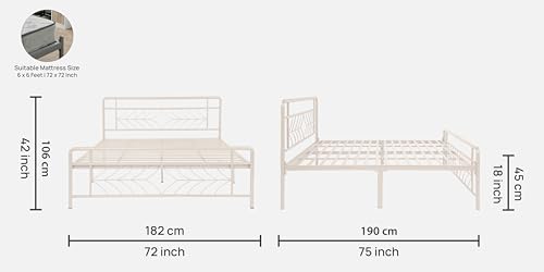 Image of Vara Metal King Size Bed Without Storage | Wrought Iron Double Bed with Headboard & Footboard | Sturdy Powder Coated Platform Bed King Size Cot for BedroomLivingRoom Ivory (75x72)