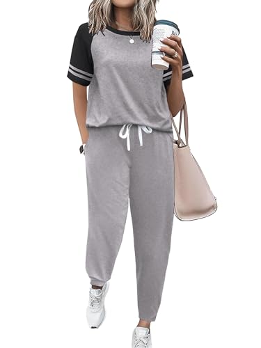 Image of Ekouaer Lounge Sets for Women Two Piece Pajama Set Short Sleeve Crewneck Jogger Outfits and Sweatpants Tracksuit