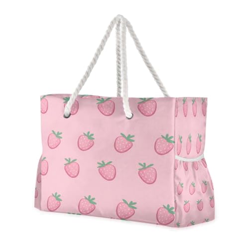 Strawberries Beach Tote Bag for Women Large Pool Bags Carry On Bag With Wet Compartment for Beach Travel with Pocket Zipper Outdoor Tote Bag