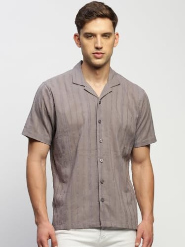 Image of SHOWOFFFF Men Solid Casual Shirt | Cuban Collar Half Sleeves Cotton Shirt for Mens | Relaxed Fit Regular Length Shirt for Men's