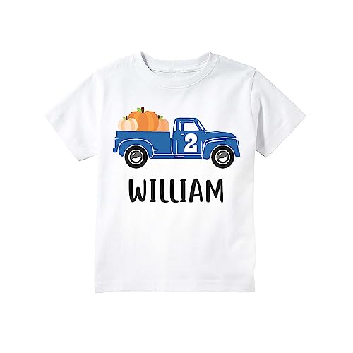 Fall Pumpkin Blue Truck Theme Birthday Party T-Shirt for Toddlers for Any Birthday with Custom Name