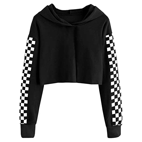 OFIMAN Felpe con cappuccio per ragazza Crop Top Tee T-Shirt Bambino Plaid Manica Lunga Felpa Unisex Casual Vestiti Con Cappuccio Pullover, Felpa con cappuccio nera., 12-14 anni