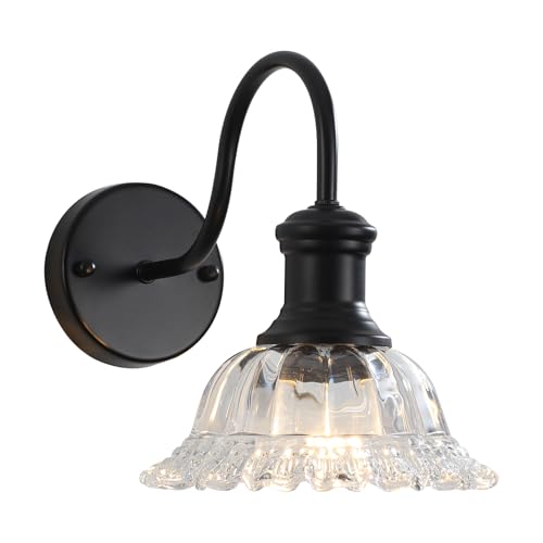 MKonpeny Bathroom Wall Sconce, Black Wall Lamp with Pressed Patterned Glass Lampshade, Farmhouse...