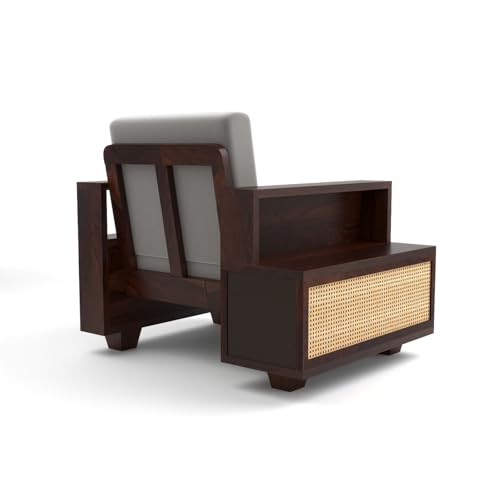 Image of Sheesham Wood Single Seater Sofa | 1 Seater Sofa with 2 Drawer Storage | Wooden Sofa Set Furniture for Living Room Home Office (Natural Cane,Walnut Finish)