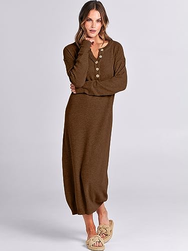 Image of ANRABESS Women Long Sleeve Button V Neck Oversized Casual Loose Fit Waffle Knit Fall Midi Sweater Dress 2026 Trendy Outfits