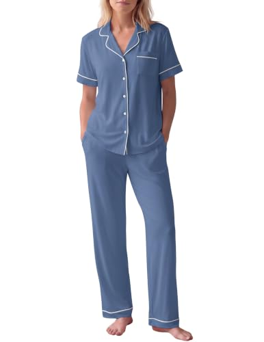 Image of HNG Women Pajamas Set 2 Piece Button Up Pajamas Pant and Short Sleeve Shirt for Woman Pj Sets with Pocket