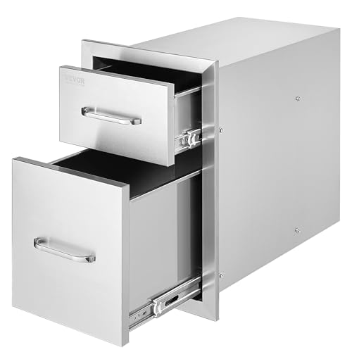 VEVOR Outdoor Kitchen Drawers 13" W x 20.5" H x 21" D, Flush Mount Double BBQ Access Drawer with Stainless Steel Handle, BBQ Island Drawers for Outdoor Kitchens or Patio Grill Station