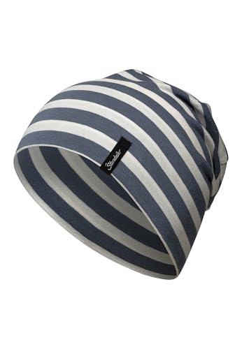 Sterntaler OCS Beanie Streifen graublau, Größe 53 – Lässige Slouch Beanie Mütze aus Singlejersey (Bio) mit maritimen Streifen – Unisex Kopfbedeckung – variabel tragbar – Übergangsmütze Baby & Kind