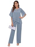 BONOYUER 2 Pieces Mother of The Bride Pantsuits for Wedding Dusty Blue Grandmother of Groom Pant Suit with Sleeves Size 8