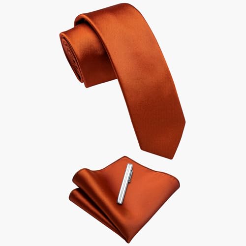 Image of YourTies Skinny Ties for Men Satin 2.4 inch Slim Necktie with Pocket Square Tie Clip Set Solid Color Wedding Party Business