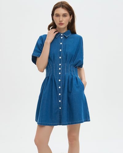 Women's Denim Dress Lapel V Neck Slim Fit Mini Jean Dress Button Down A-Line Short Dresses3