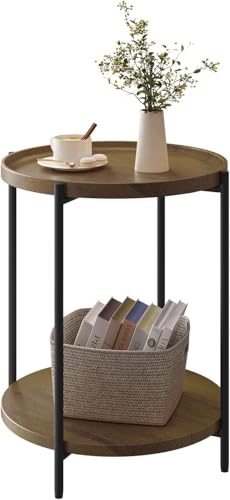 WOLTU Round Coffee Table, Small Side Table with 2 Shelves, for Living Room Bedroom, MDF + Metal, Vintage Wood Effect, BTS06hov