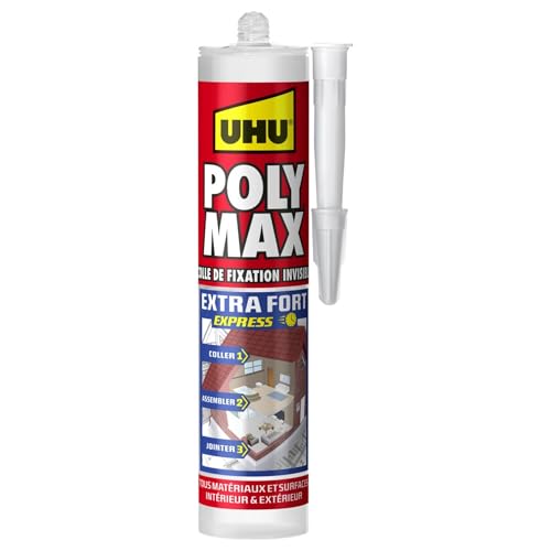 UHU Poly Max - Mastic-Colle Extra-Fort Invisible Séchage Rapide - Pour Coller, Assembler, Jointer - Tous Matériaux & Surfaces - Intérieur/Extérieur - Sans Solvants - Transparent - Cartouche 300 g