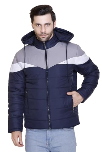 Image of Men's Navy Blue and Grey Hooded Puffer Jacket, Quilted, Zip Front