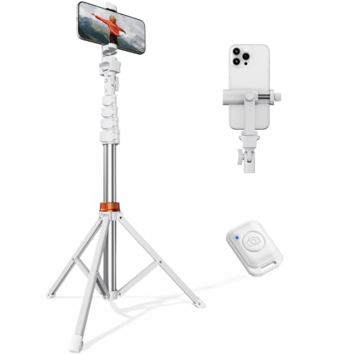 Image of VIMOSE 66 inch Phone Tripod, Tripod for iPhone with Remote & Phone Stand, Extendable Cell Phone Tripod for Video Recording, Ultimate Tripod & Monopod Accessories for iPhone /Android, Monza White