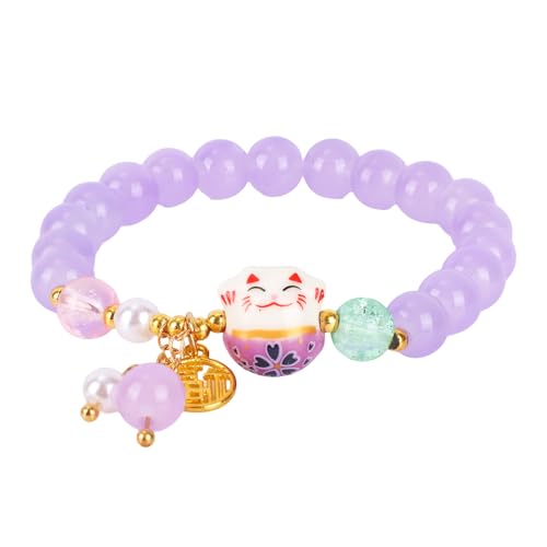 Mikovivi Lucky Cat Bracelet for Women, Maneki Neko Charm Bracelet with Purple Crystal & Cat Pendant Feng Shui Good Luck Jewelry for Wealth & Protection