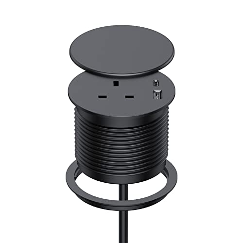 Desk Grommet Socket with USB, Haylink Desk Socket with Cover Fits 80mm Hole, Recessed Desk Power Socket Equipped with 1 UK Plug, 1 USB A Port, 1 USB C Port, and 1.5M Cable, Black