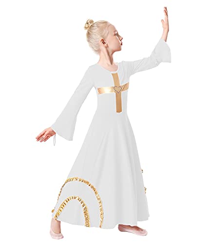 MYRISAM Girls Praise Cross Dance Robe Worship Dress Bell Sleeve Metallic Ruffles Lyrical Liturgical Wide Swing Praisewear White 10-11T