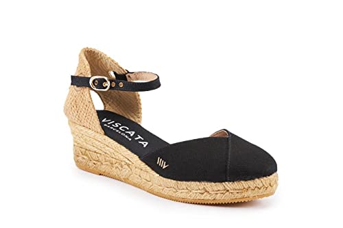 Image of Viscata Pubol Espadrille Canvas Low Wedges with Ankle Strap Spain Handmade 2 inch Heel Women's Sandals with Breathable Organic Cotton Canvas and 100% Natural Jute for all Occasions: Casual, Work, Party