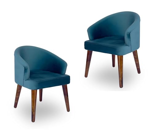 Image of CRAFT D ARTS Wooden Upholstered Dining Chair | Single Accent Chair for Living /Drawing Room, Bedroom & Office | Upholstery Barrel Arm Chairs with Velvet Fabric | Sheesham Wood Legs, Blue