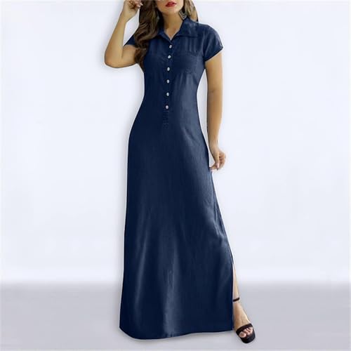 Summer Loose Hand Pocket Midi Long Tunic Denim Shirt Dress for Women Casual Button Front Maxi Shirt Dress2