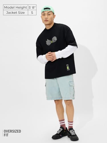 Image of The Souled Store Rick & Morty: Existential Crisis Men and Boys Short Sleeves Round Neck Black Graphic Printed Cotton Super Oversized T-Shirts