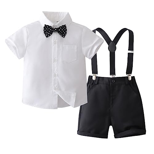 IDOPIP Traje formal para niños pequeños, camisa blanca con pajarita + tirantes cortos, pantalones, overol, ropa de 1-8T, Blanco + negro (White + Black), 5-6 años